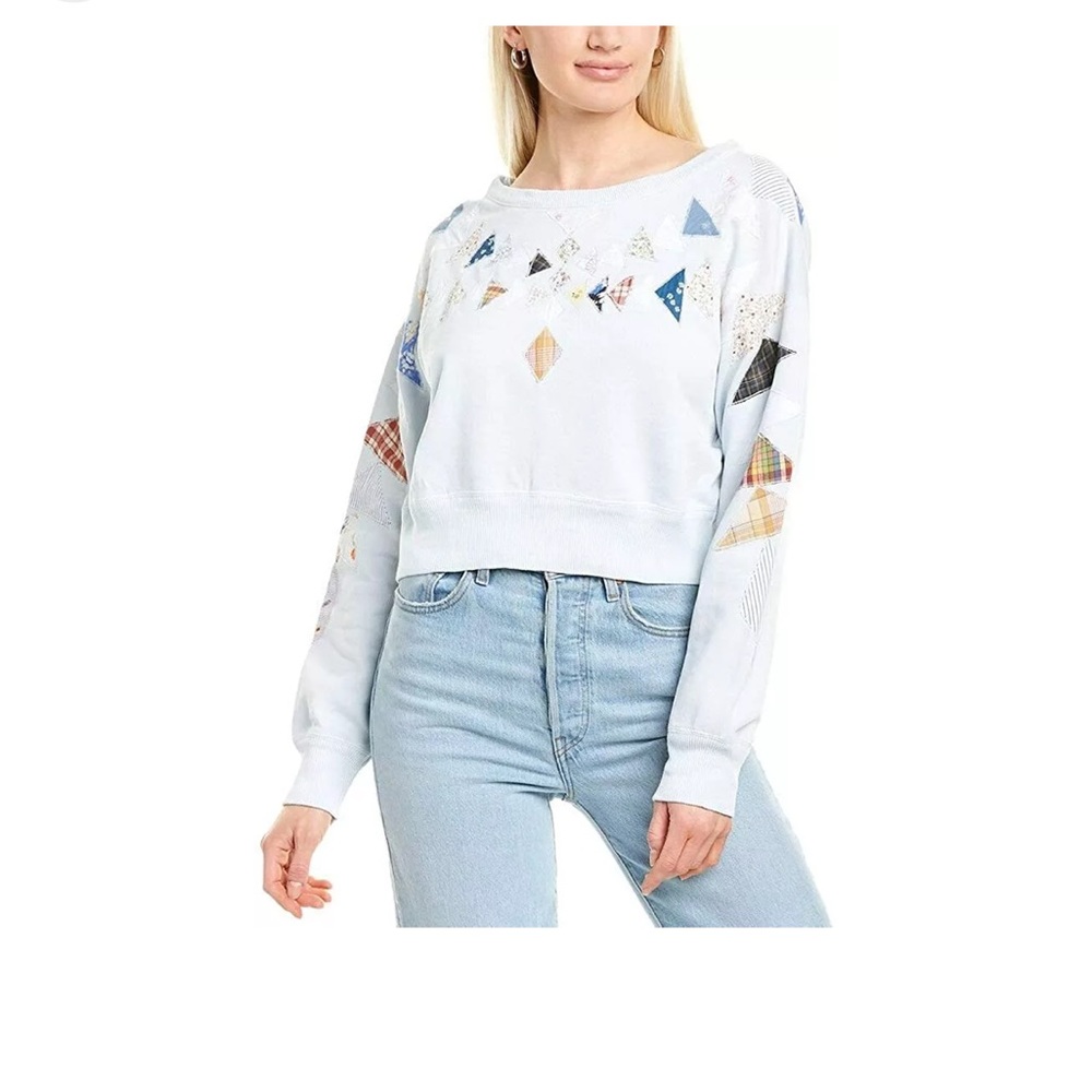 NWT DANNIJO BLUE women patchwork crewneck crop sweatshirt multicolor oversized M